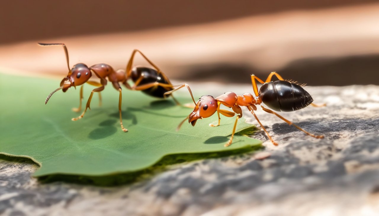Fourmis sur une feuille verte, envahisseurs silencieux